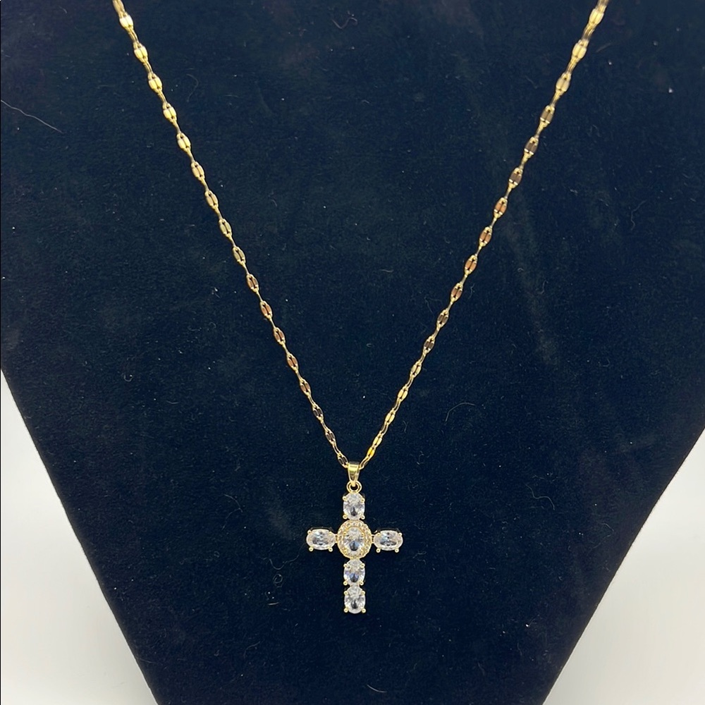 Stainless steel gold with white crystals cross necklace - Picture 2 of 4